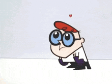 a cartoon character with glasses and a red hat has a red heart above his head