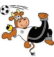 a cartoon of a cow kicking a soccer ball with the number 00 on it