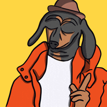 a drawing of a dachshund wearing a hat and jacket