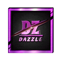 a purple and black logo for dz dazzle on a white background