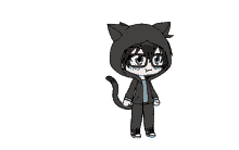 a boy with glasses and a cat tail is wearing a black cat hoodie