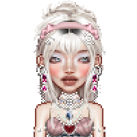 a pixel art of a girl with white hair wearing a pink headband and earrings .