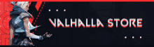 a banner for the valhalla store with a cartoon character