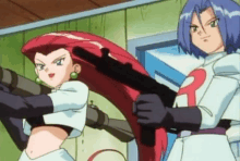 jessie and james from pokemon are holding guns .