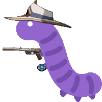 a purple worm with a hat and a gun