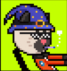 a pixel art of a dog wearing a witch hat and sunglasses