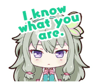 a sticker of a girl with long hair and purple eyes says i know what you are .