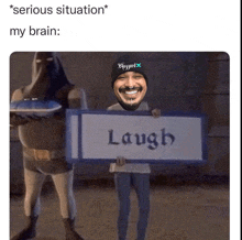 a man holding a sign that says laugh