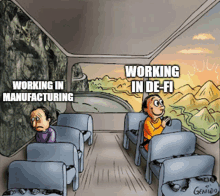 a cartoon of a bus with the words " working in manufacturing "