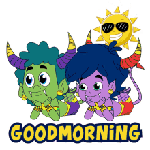 a cartoon of two monsters with horns and the words good morning below them