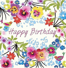 a happy birthday card with flowers and birds on it