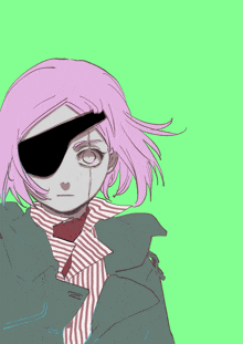 a drawing of a girl with pink hair wearing a black eye patch