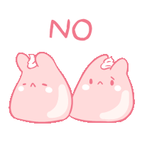 two pink rabbits are standing next to each other with the word no written on the bottom