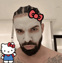 a man with a beard has a hello kitty sticker on his head