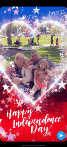 a happy independence day photo of a family in a heart shaped frame