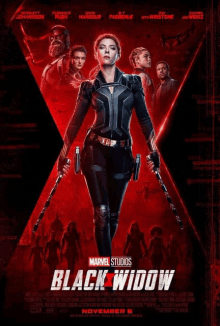 a poster for the movie black widow shows a woman holding two guns