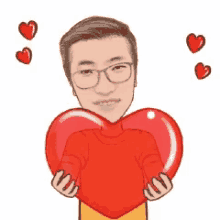 a cartoon of a man holding a large red heart .