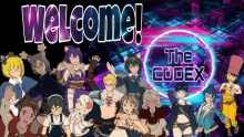 a group of anime characters are standing in front of a sign that says welcome