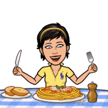 a woman in a yellow polo shirt is holding a knife and fork in front of a plate of spaghetti