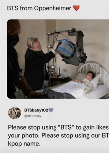 a picture of a man in a hospital bed with a caption that says " please stop using " bts " to gain likes your photo