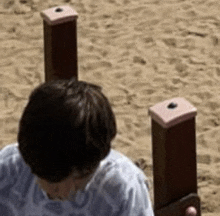 a young boy is sitting on a wooden fence in the sand .