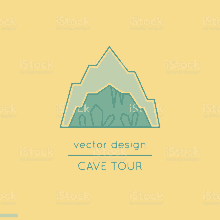 a line drawing of a mountain with a cave in it