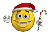 a yellow smiley face wearing a santa hat holds a candy cane