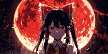 a girl with red eyes and a bow in her hair stands in front of a full moon