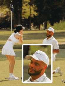 a man wearing a white hat that says ltpro is kneeling down next to a woman