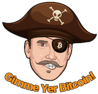 a cartoon of a pirate with a skull and crossbones on his hat says gimme yer bitcoin