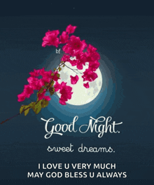 a good night sweet dreams message with a full moon and pink flowers