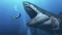 a shark is swimming in the ocean with its mouth open and a scuba diver is swimming in the background .