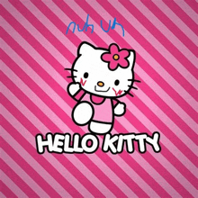 hello kitty is standing on a pink striped background with a flower in her hair .