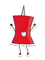 a cartoon drawing of a red pin with arms and legs and a smile on its face .