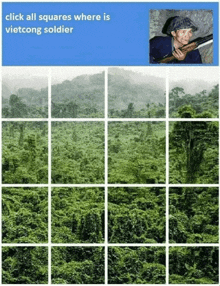 a picture of a man holding a gun in front of a lush green forest