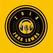 a logo for zona lawas has a microphone and headphones in the center