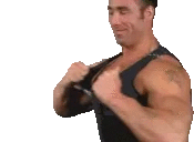 a man with a tattoo on his arm is wearing a black tank top and flexing his muscles .