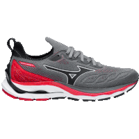 a pair of mizuno running shoes with a red stripe on the side