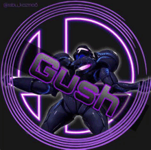 a picture of samus from super smash bros with a purple background and a purple logo .