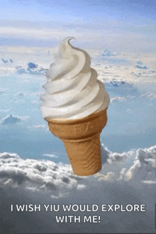 an ice cream cone is floating in the air with the words `` i wish yiu would explore with me '' .