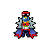 a pixel art drawing of a superhero with a cape and a bottle on his head .