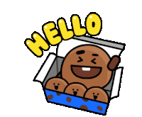 a cartoon character is sitting in a box with the words hello written on it