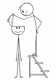 a black and white stick figure drawing of a man standing on a ladder holding a child .