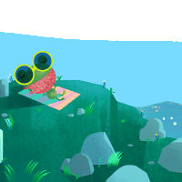 a frog wearing sunglasses sits on a towel on a hill