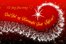 a red background with a heart and the words til deg fra meg god jul og koronafri godt nytt ar