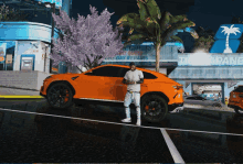 a man is standing in front of an orange car in front of a building that says ' tiger pane ' on it