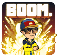 a cartoon character with a hat and sunglasses is standing in front of a boom explosion