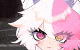 a close up of a pink and white anime character with a spiral in her eyes