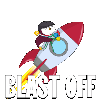 a cartoon of a snowman riding a rocket with the word blast off written below it