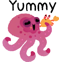 a pink octopus is holding a crab with the word yummy written above it